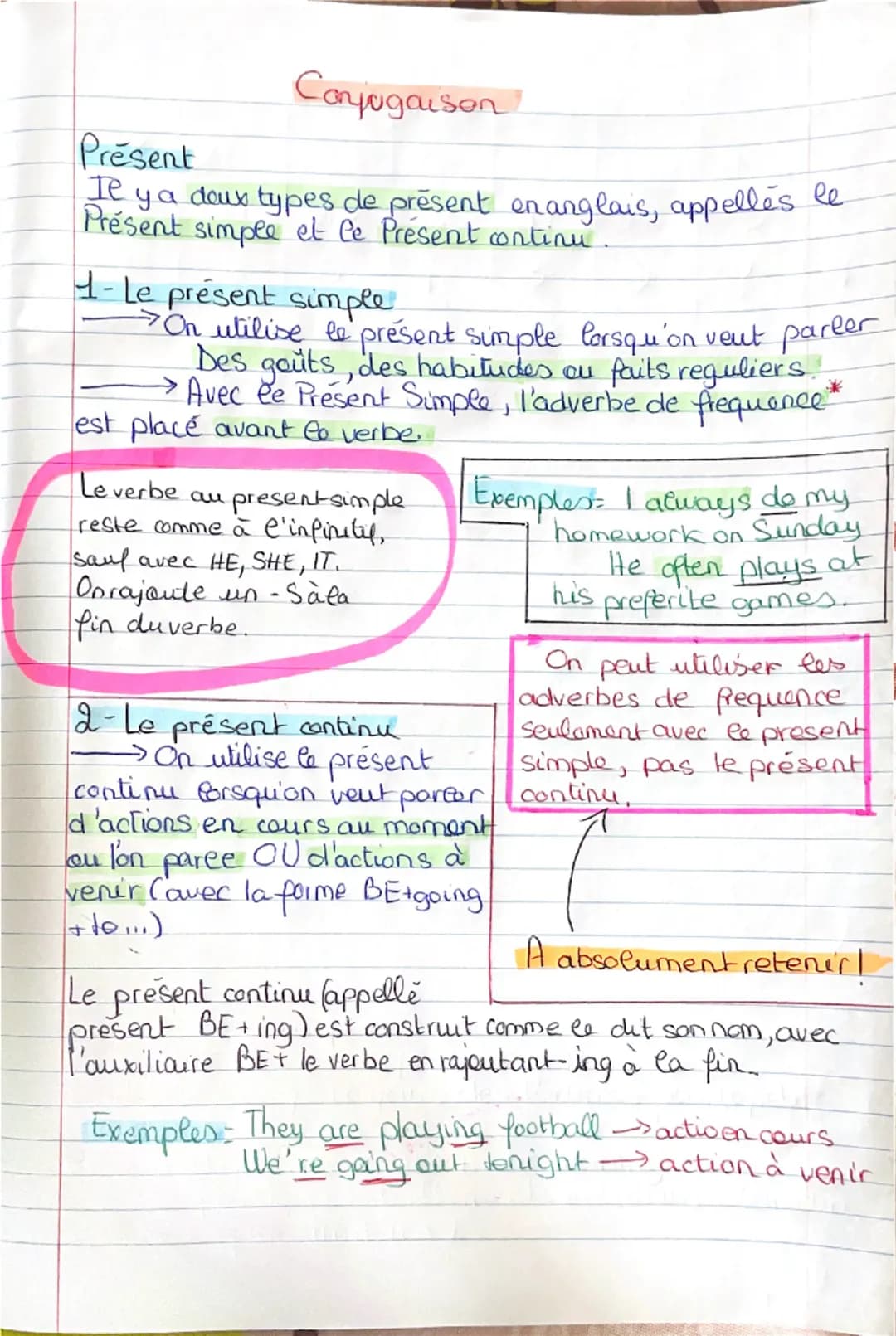 Présent
Conjugaison
Il y a deux types de présent en anglais, appelle's le
Présent simple et le Présent continu
1- Le présent simple.
parler
