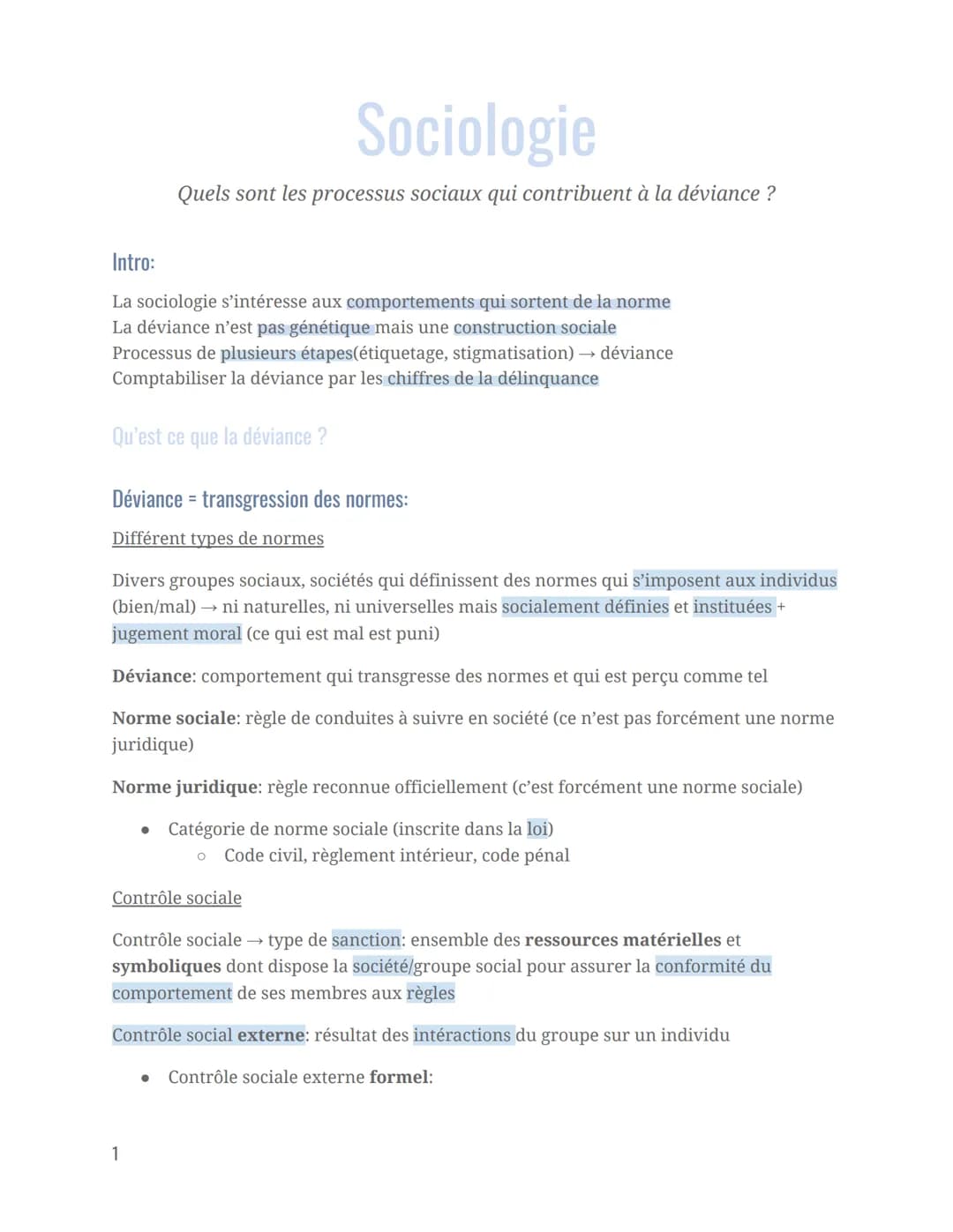 Sociologie
Quels sont les processus sociaux qui contribuent à la déviance ?
Intro:
La sociologie s'intéresse aux comportements qui sortent d