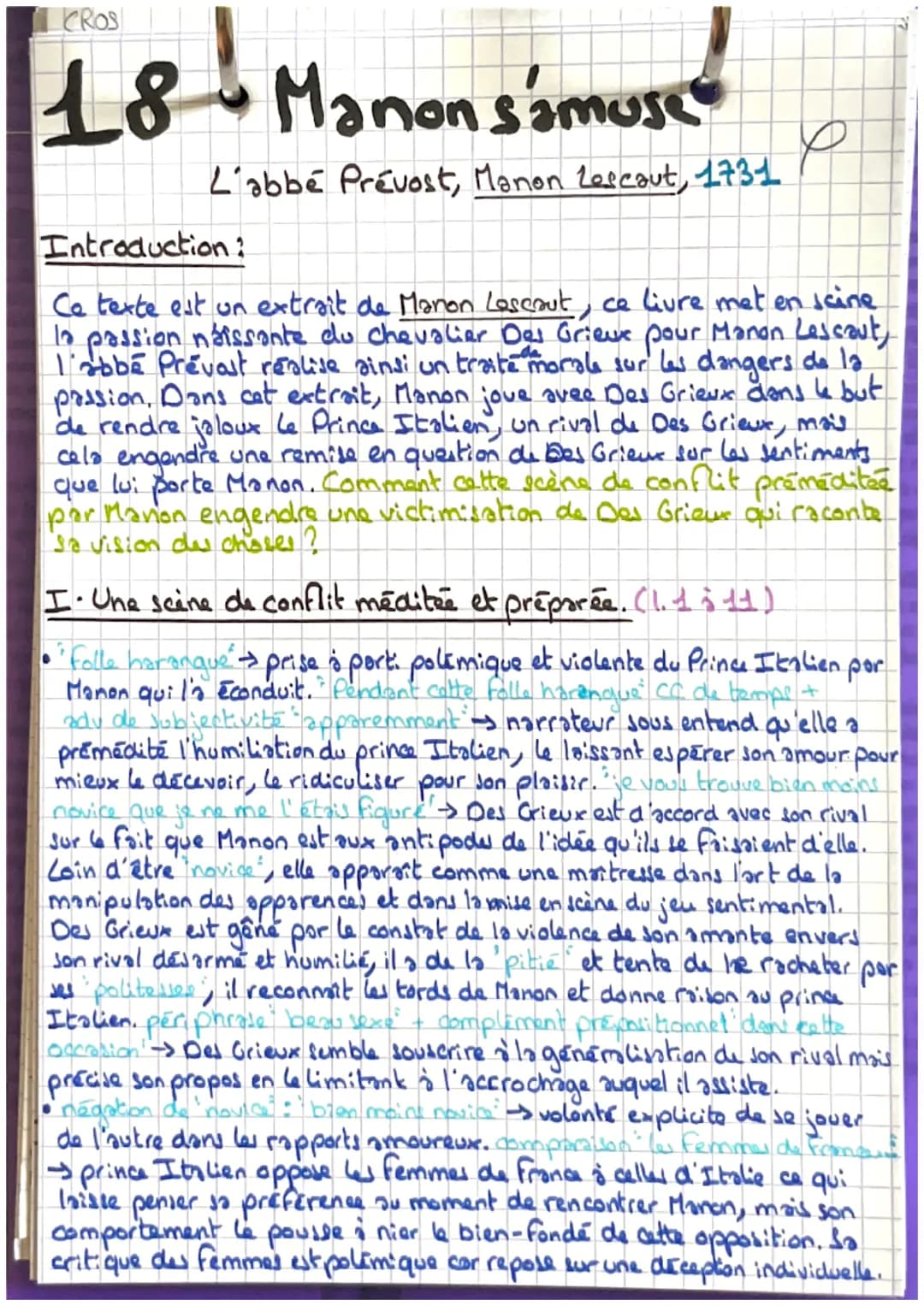 CROS
18 Manon s'amuse
L'abbé Prévost, Manon Lescaut, 1731
e
Introduction:
Ce texte est un extrait de Manon Lescaut, ce livre met en scine
la