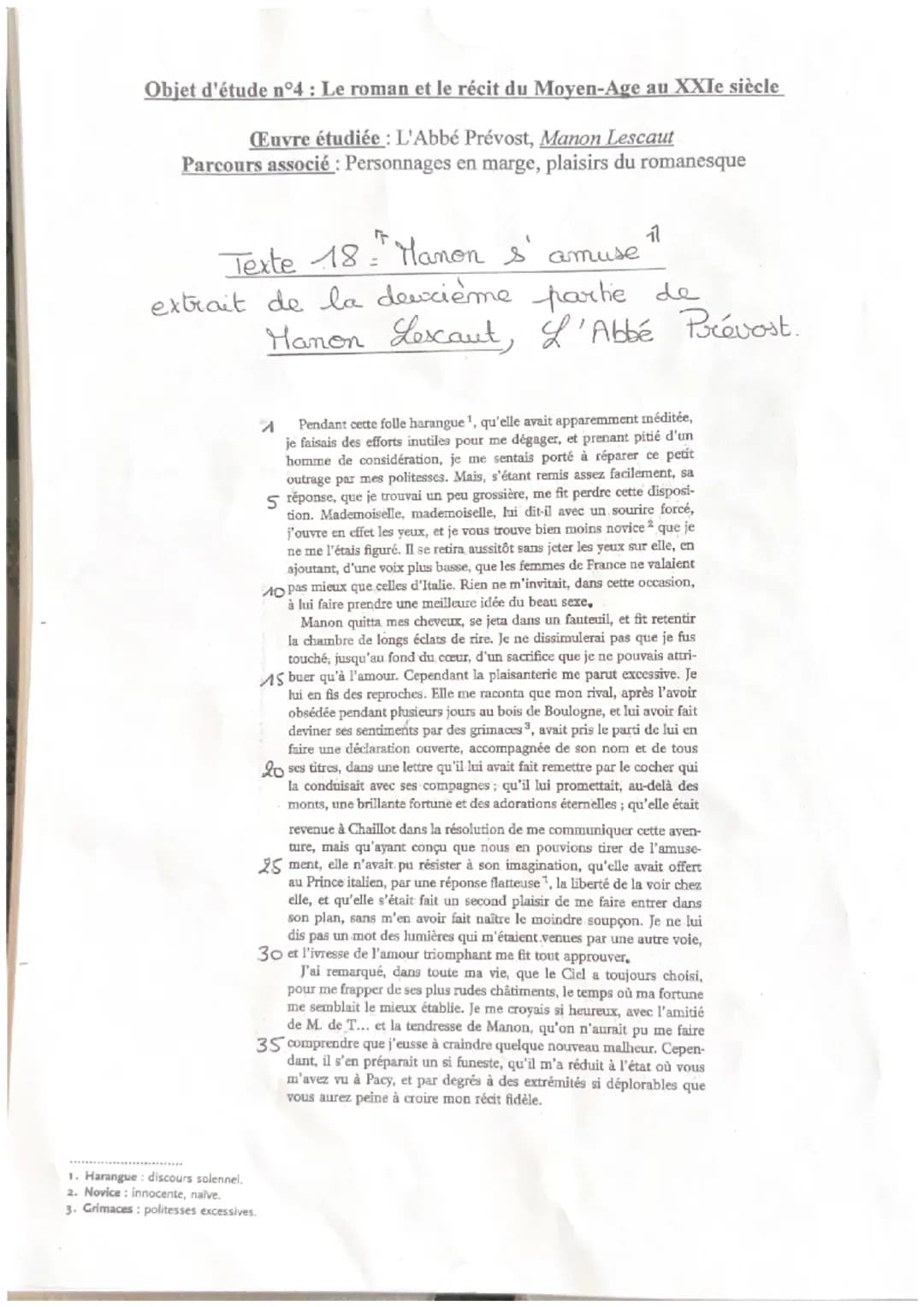 CROS
18 Manon s'amuse
L'abbé Prévost, Manon Lescaut, 1731
e
Introduction:
Ce texte est un extrait de Manon Lescaut, ce livre met en scine
la