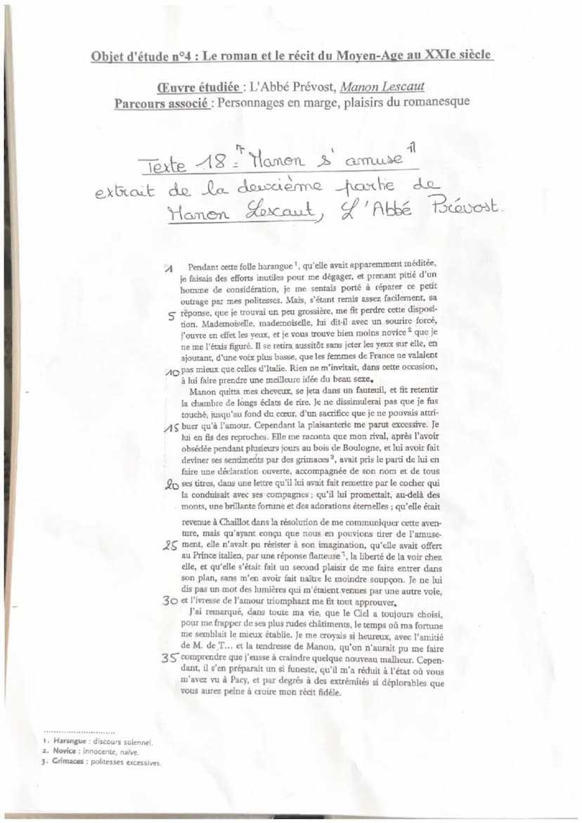 CROS
18 Manon s'amuse
L'abbé Prévost, Manon Lescaut, 1731
e
Introduction:
Ce texte est un extrait de Manon Lescaut, ce livre met en scine
la