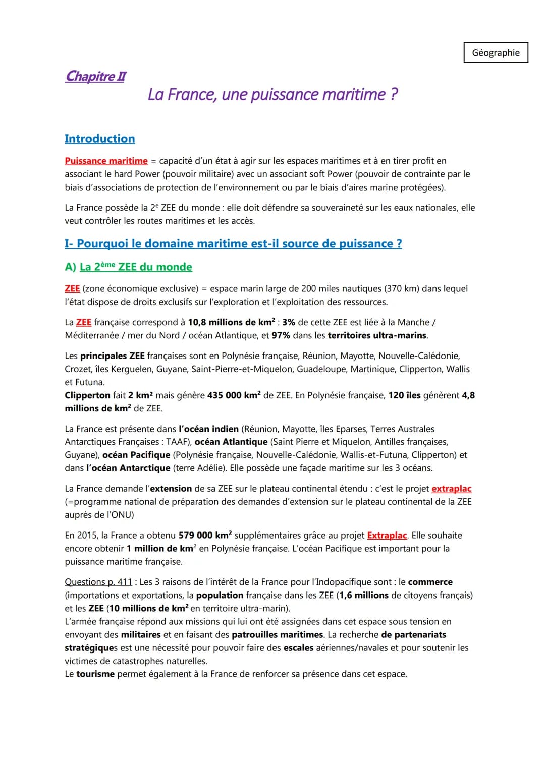 Chapitre II
Introduction
La France, une puissance maritime ?
Puissance maritime = capacité d'un état à agir sur les espaces maritimes et à e