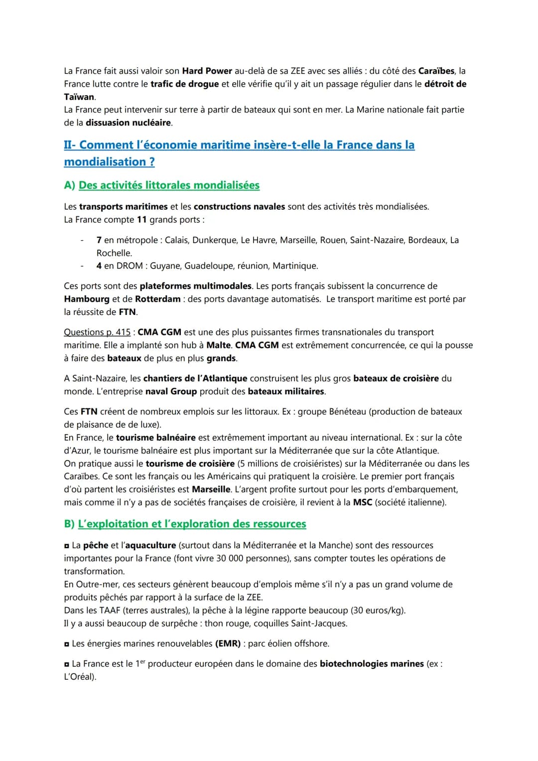 Chapitre II
Introduction
La France, une puissance maritime ?
Puissance maritime = capacité d'un état à agir sur les espaces maritimes et à e