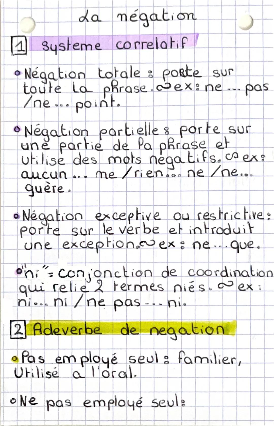La négation

1 Systeme correlatif

• Négation totale: porte sur
toute la phrase.exne ... pas
/ne... point.

• Négation partielle & porte sur