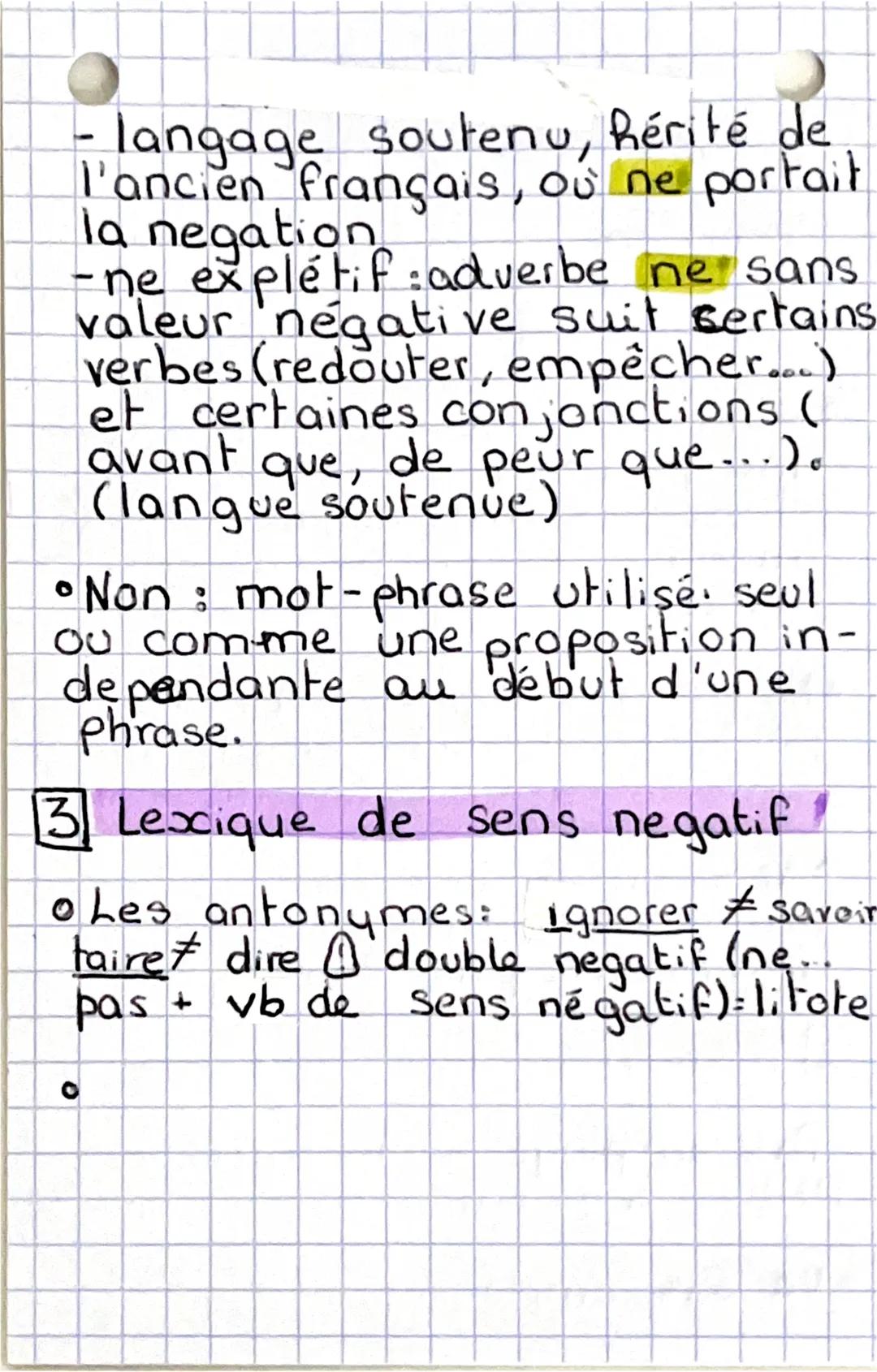 La négation

1 Systeme correlatif

• Négation totale: porte sur
toute la phrase.exne ... pas
/ne... point.

• Négation partielle & porte sur