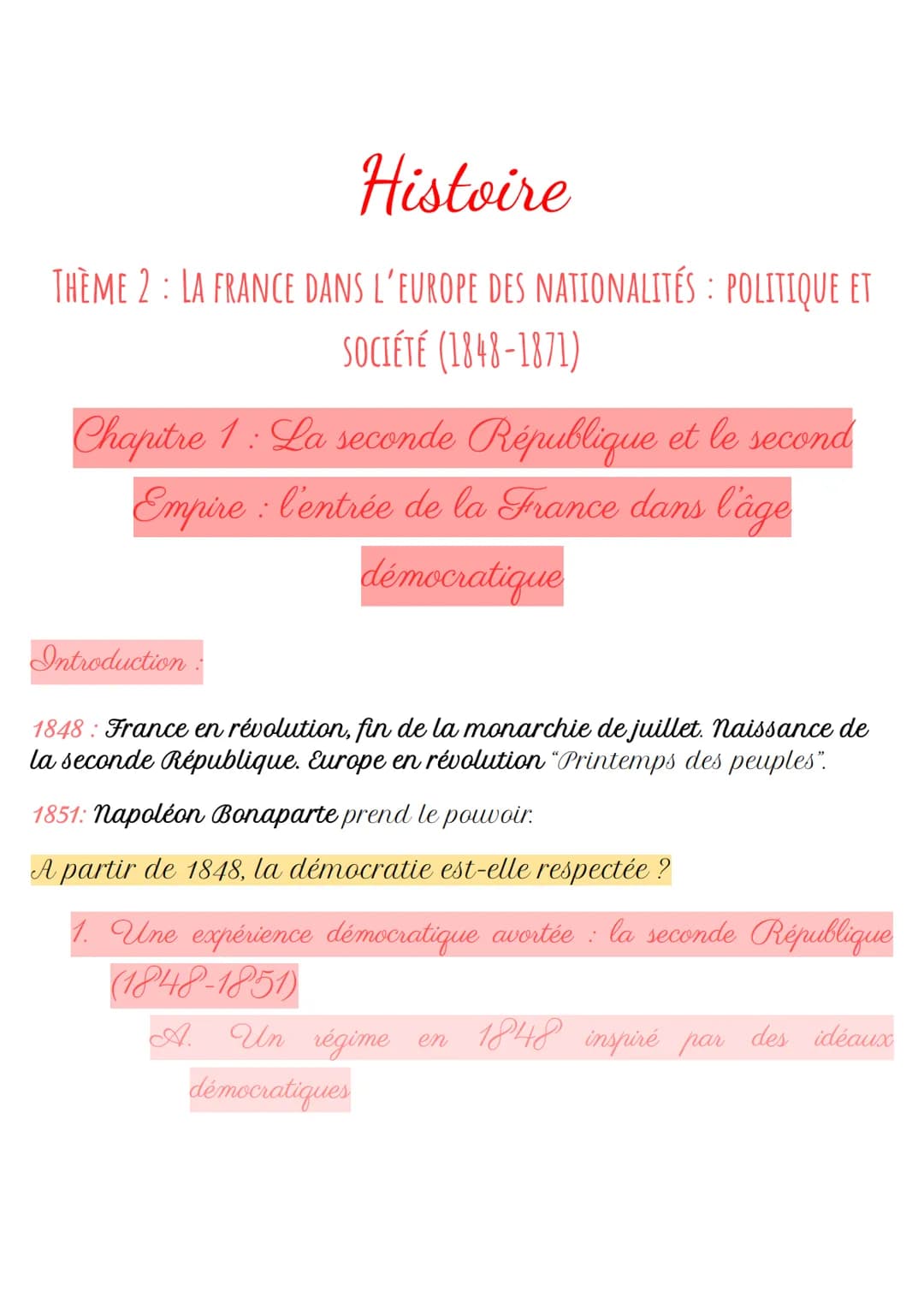 Histoire
THÈME 2 : LA FRANCE DANS L'EUROPE DES NATIONALITÉS : POLITIQUE ET
SOCIÉTÉ (1848-1871)
Chapitre 1 : La seconde République et le seco