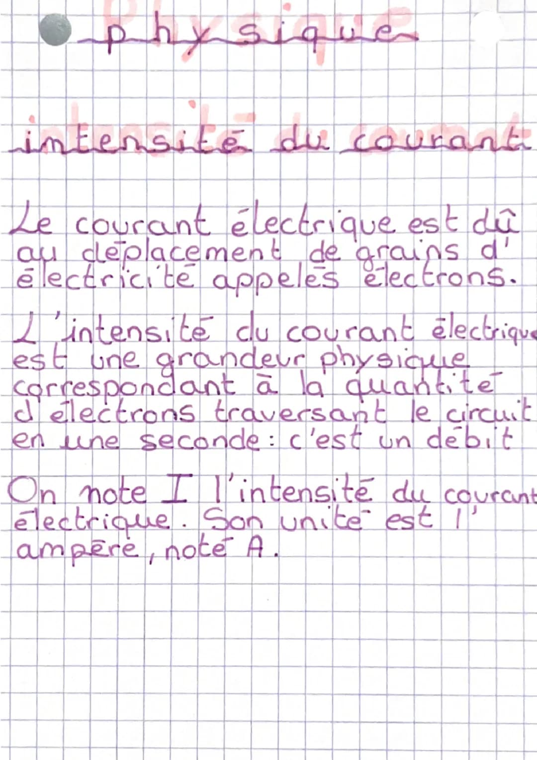 physique
intensité du courant
Le courant électrique est dû
au déplacement de grains d'
électricité appeles electrons.
L'intensité du courant
