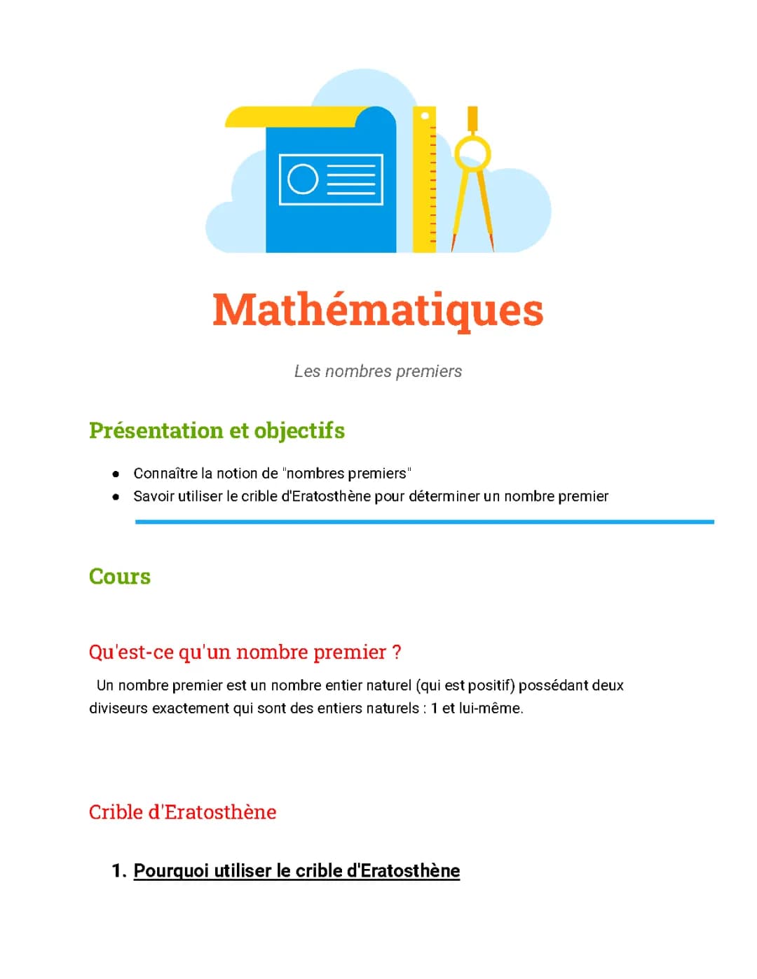 Les nombres premiers - Le Crible d'Eratosthène 