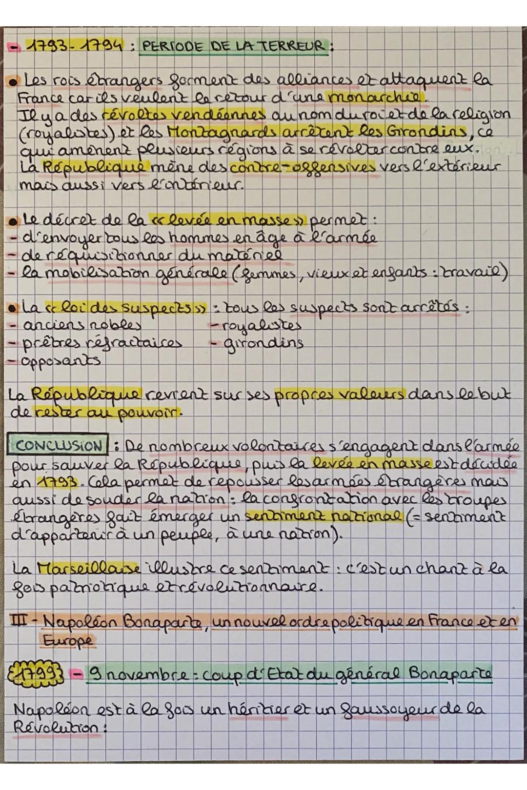 1793-1794: PERIODE DE LA TERREUR:
Les rois ébrangers forment des alliances et attaquent la
France car ils veulent le retour d'une monarchie.