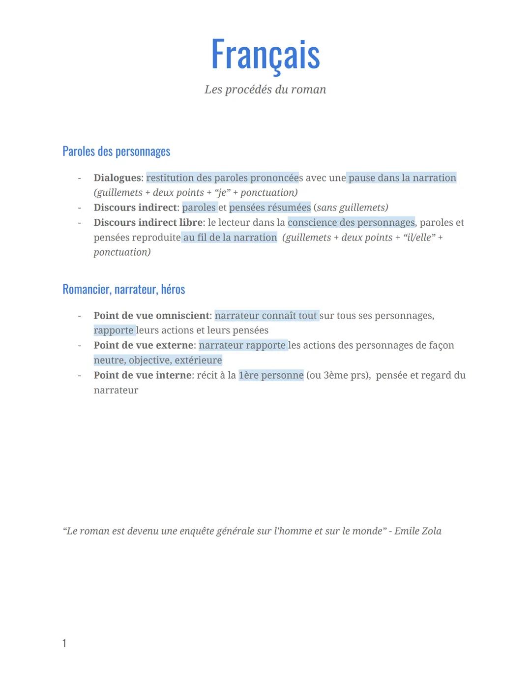 # Français
Les procédés du roman

Paroles des personnages
- Dialogues: restitution des paroles prononcées avec une pause dans la narration
(