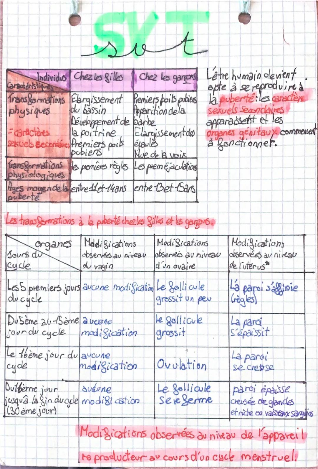 # SVT

| Individus | Chez les filles | Chez les garçons | L'être humain devient apte à se reproduire à la puberté : les caractères sexuels s