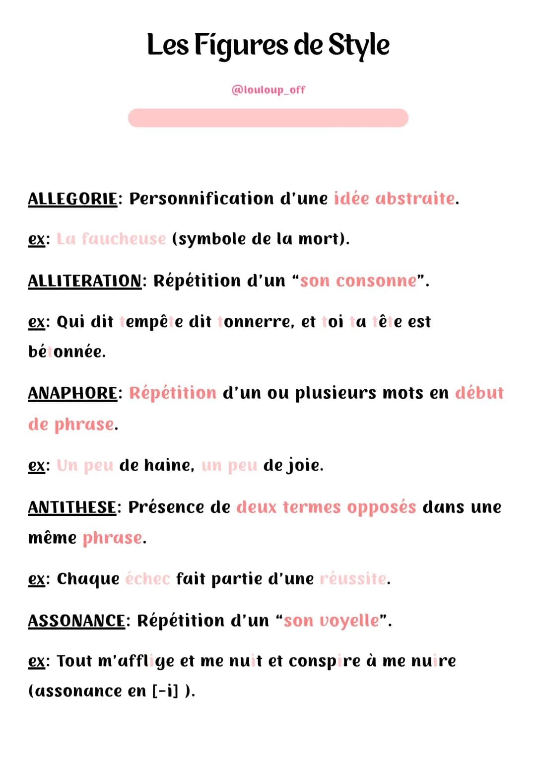 Les Figures de Style
@louloup_off
ALLEGORIE:
ex: La faucheuse (symbole de la mort).
ALLITERATION: Répétition d'un "son consonne".
ex: Qui di