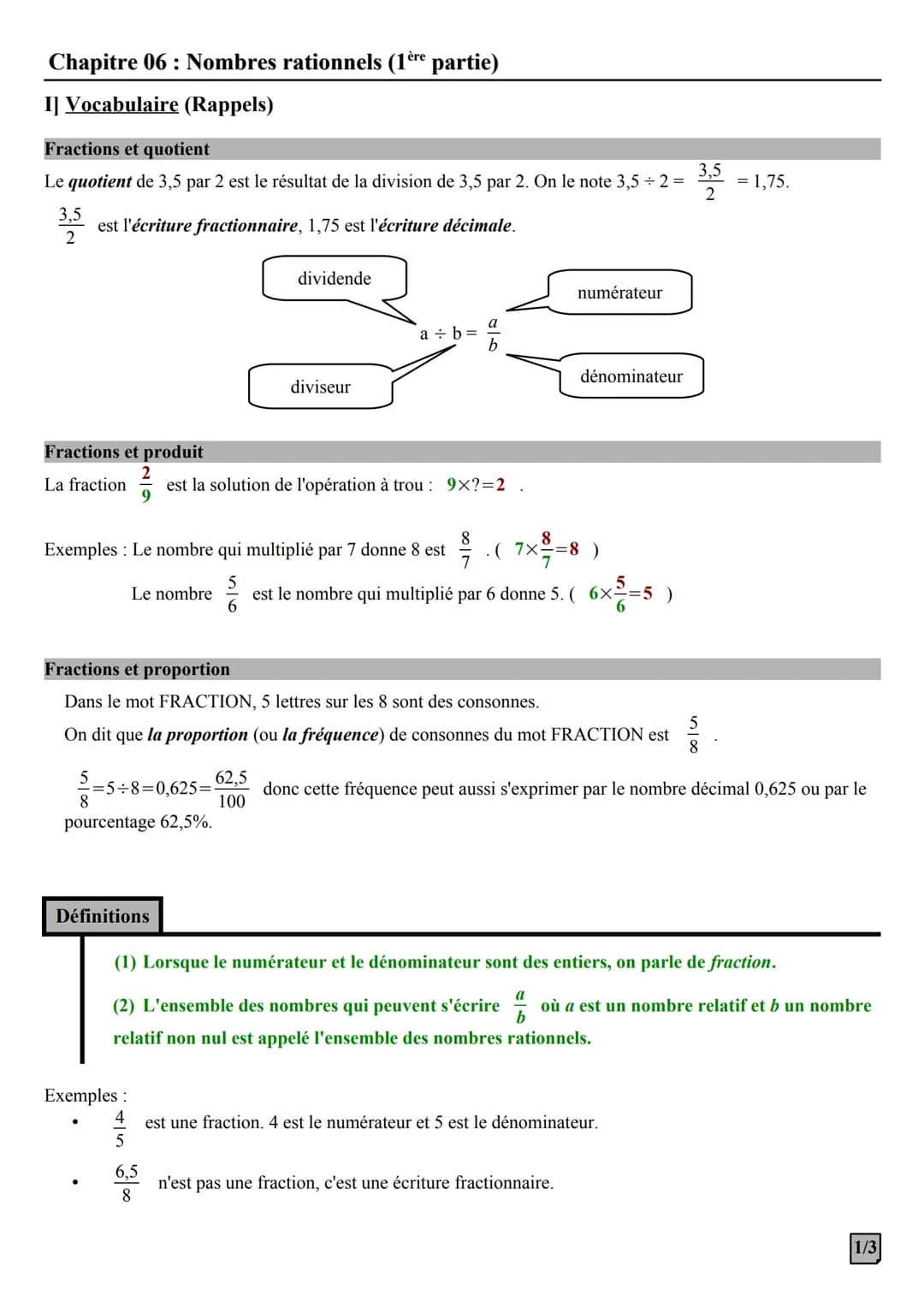 Chapitre 06: Nombres rationnels (1ère partie)
I] Vocabulaire (Rappels)
Fractions et quotient
3,5
Le quotient de 3,5 par 2 est le résultat de