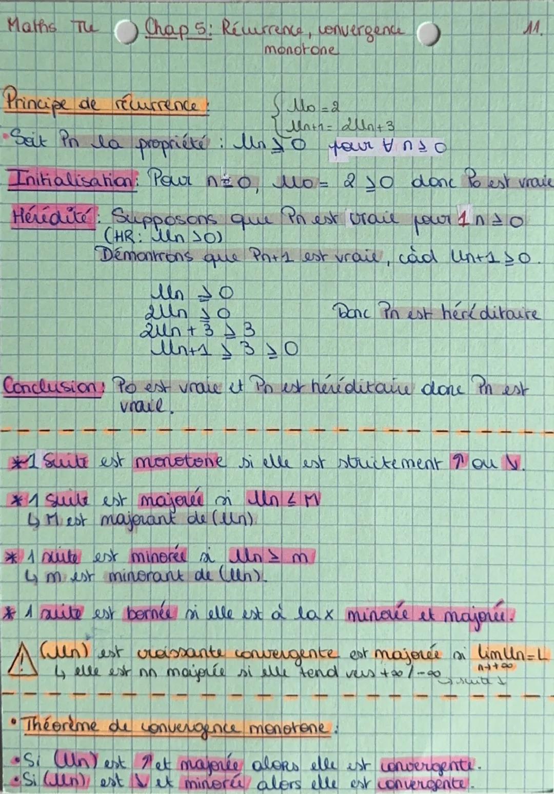--- OCR Start ---
Maths The Chap 5: Réurrence, venvergence.
monotone
M
Principe de récurrence.
$\mu_{0}=2$
Seit in la propriété : $Mn\ge0$
$