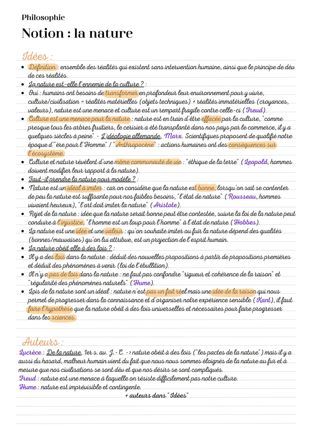 Philosophie
Notion : la nature
Idées:
Définition: ensemble des réalités qui existent sans intervention humaine, ainsi que le principe de dév