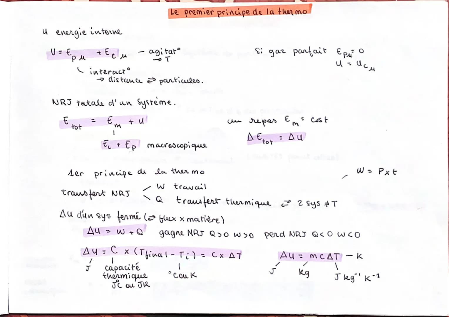 u energie interne
U = E₁₂μ + E₁²μ - agitato
тесл
рм
(interact
→ distance & particules.
O
NRJ tatale d'un système.
E
tot
E
Au
m
Le premier pr