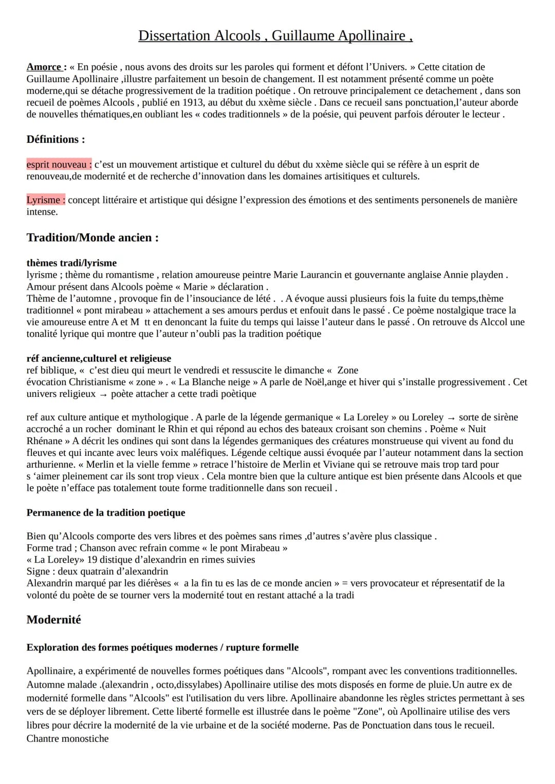 Dissertation Alcools, Guillaume Apollinaire,
Amorce: << En poésie, nous avons des droits sur les paroles qui forment et défont l'Univers. » 