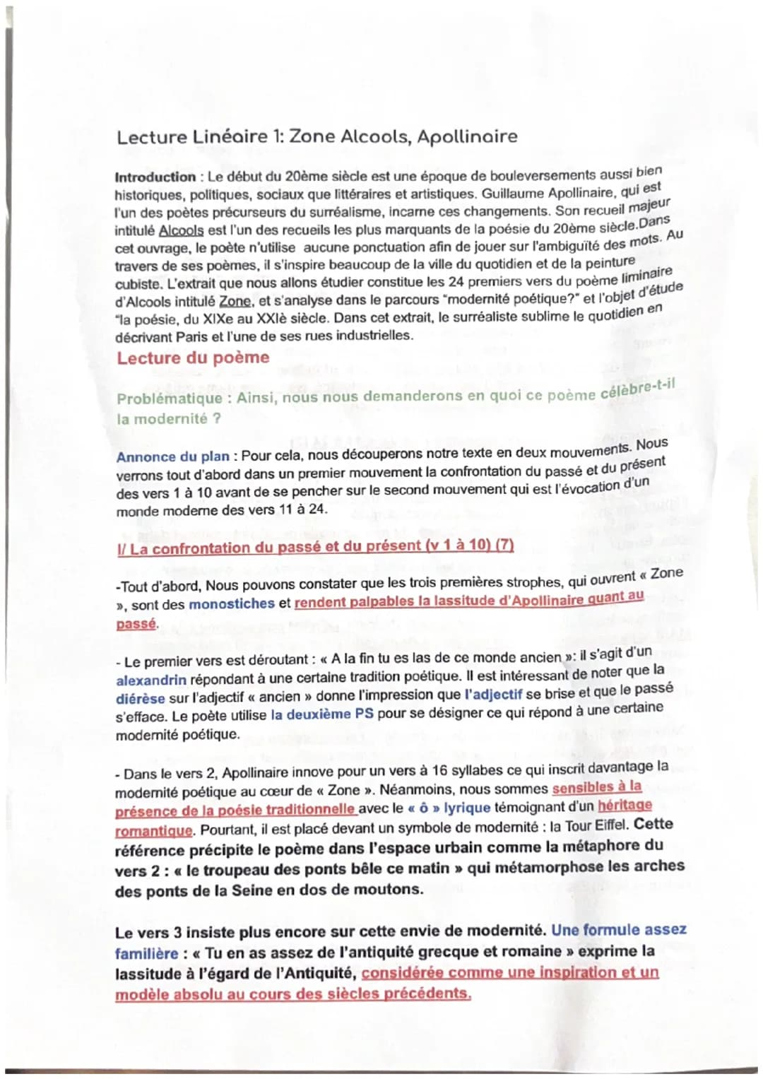 Lecture Linéaire 1: Zone Alcools, Apollinaire
Introduction : Le début du 20ème siècle est une époque de bouleversements aussi bien
historiqu