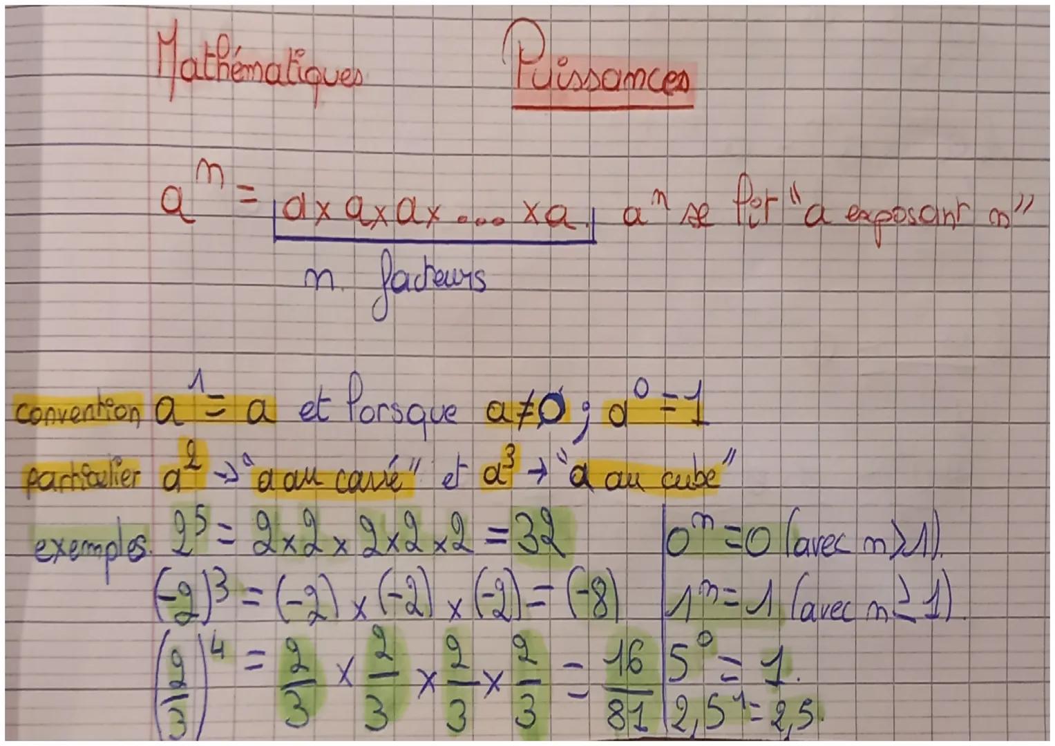 Mathématiques
M
Puissances

$a^m = \underbrace{axaxax...xa}_{n. facteurs} | a^n$ se for "a exposant "

convention $a^1$= a et Porsque a≠0; $