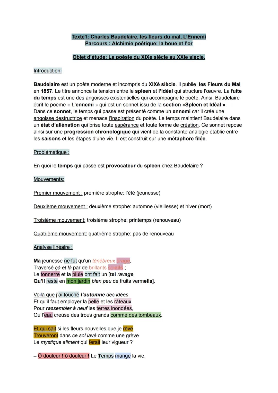 Introduction:
Texte1: Charles Baudelaire, les fleurs du mal, L'Ennemi
Parcours Alchimie poétique: la boue et l'or
Objet d'étude: La poésie d