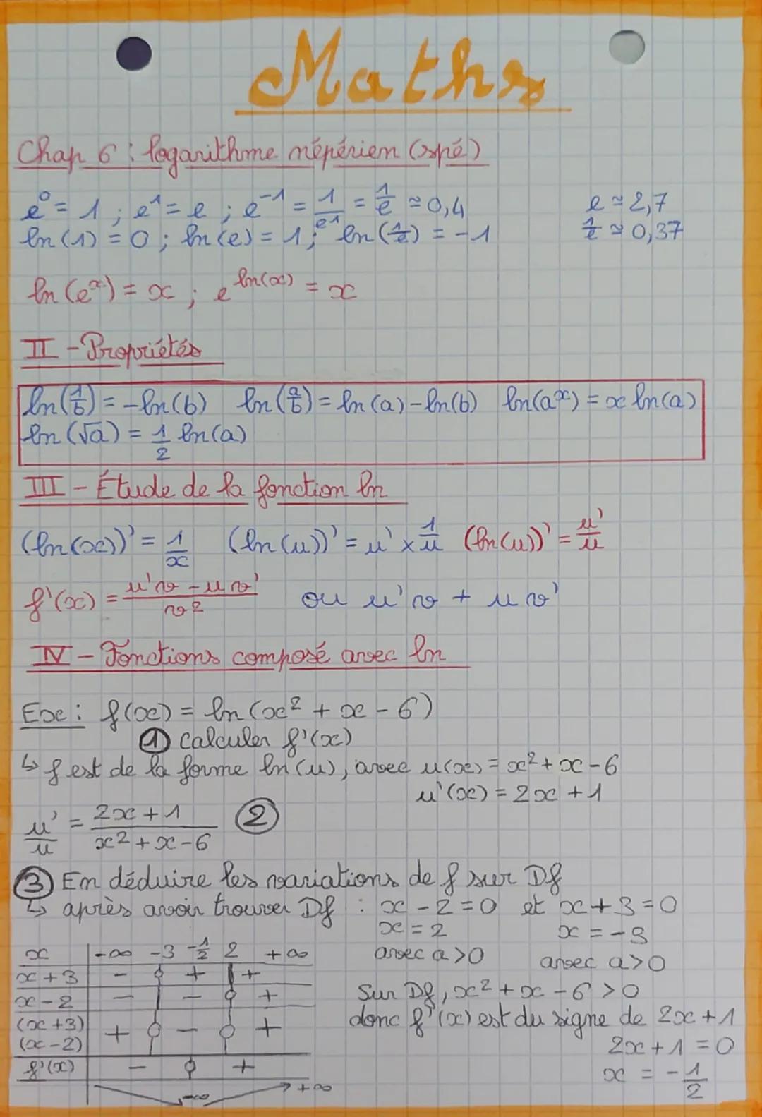 Maths
Chap 6: logarithme népérien (spé)
-1
1= 글
e = 1; e^₁ = e; e^^ = 1 = = = 0,4
ел
en (1) = 0; bn (e) = 1; en () = −1
In (α)
In (e²) = x; 