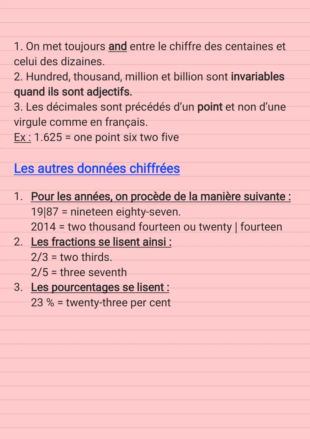 ANGLAIS
Les données chiffrées en anglais
Les nombres de 1 à 99
1 one.
2 two.
3 three.
4 four.
5 five.
6 six.
7 seven.
8 eight.
9 nine.
10 te