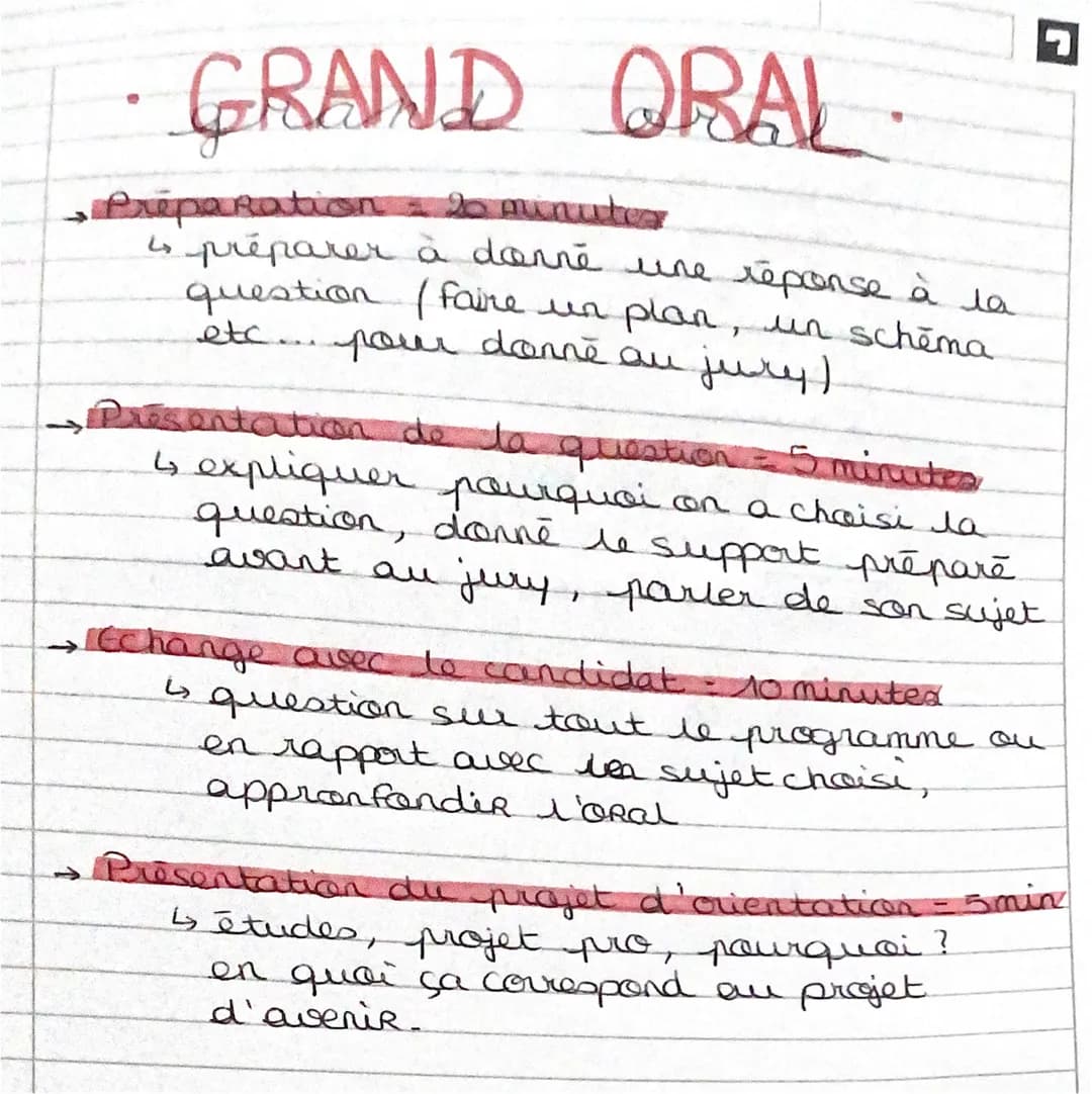 GRAND ORAL.
Préparation = 20 minute
is préparer à donne une réponse à la
question / faire un plan, un schema
pour donne an jury)
etc
Present