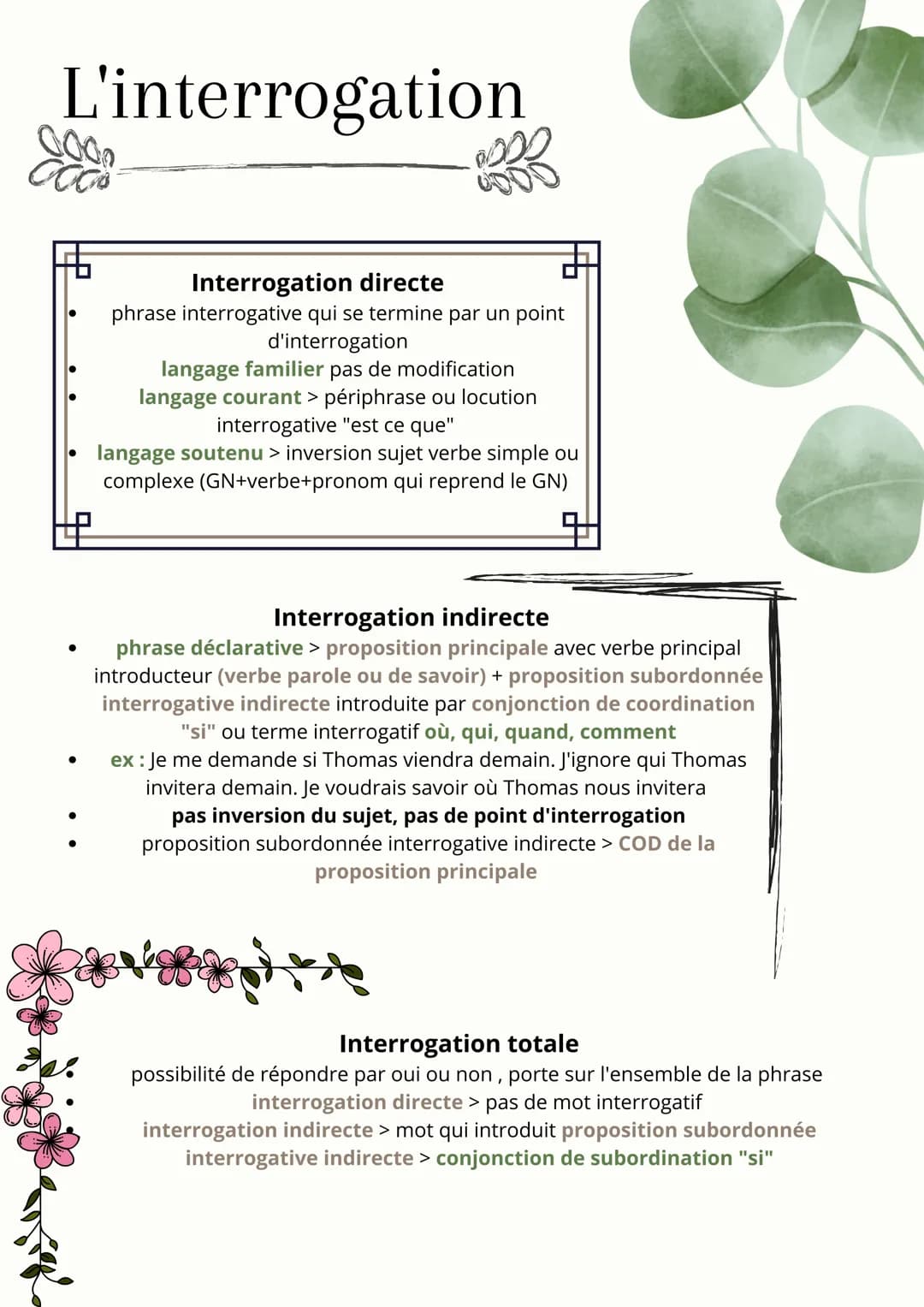L'interrogation
●
●
Interrogation directe
phrase interrogative qui se termine par un point
d'interrogation
langage familier pas de modificat