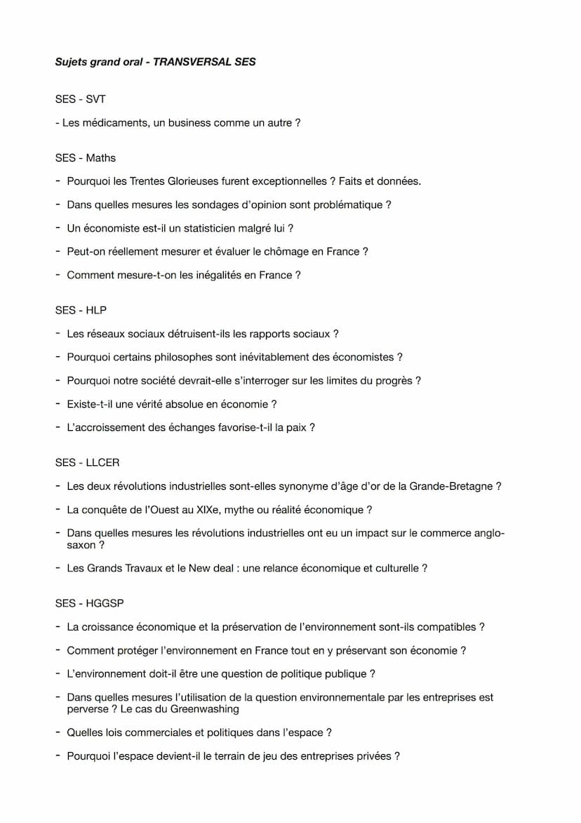 Sujets grand oral - TRANSVERSAL SES
SES - SVT
- Les médicaments, un business comme un autre ?
SES - Maths
Pourquoi les Trentes Glorieuses fu