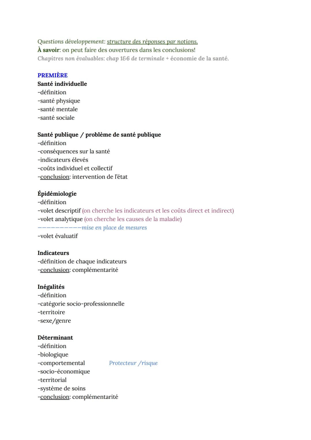 Questions développement: structure des réponses par notions.
À savoir: on peut faire des ouvertures dans les conclusions!
Chapitres non éval