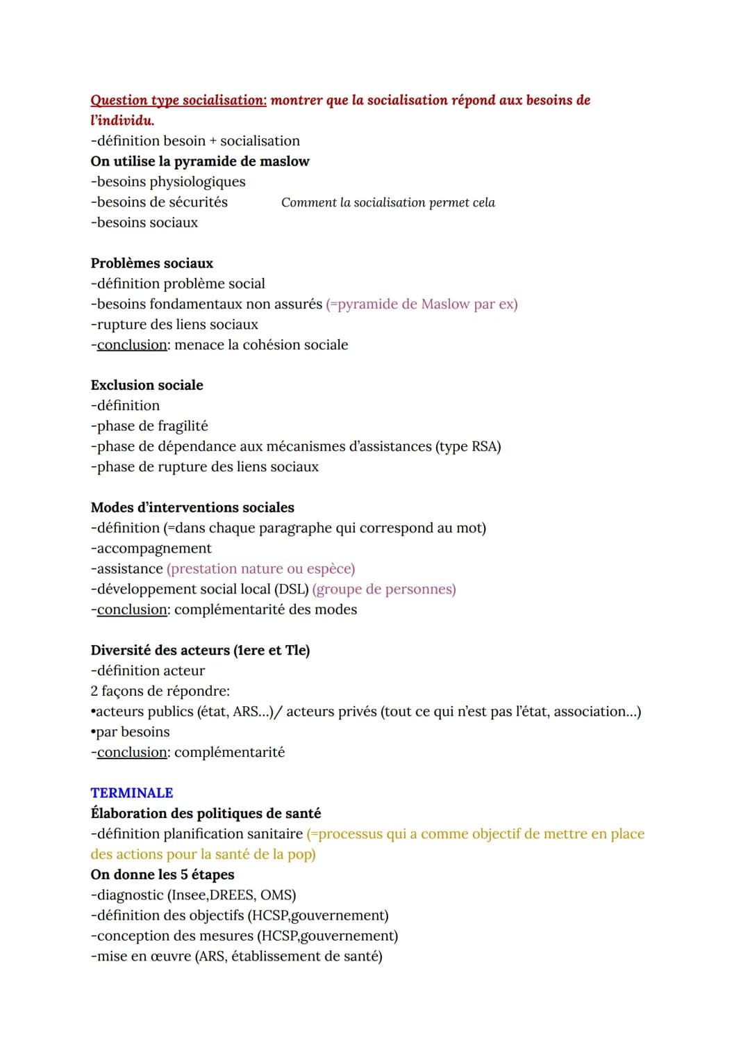 Questions développement: structure des réponses par notions.
À savoir: on peut faire des ouvertures dans les conclusions!
Chapitres non éval