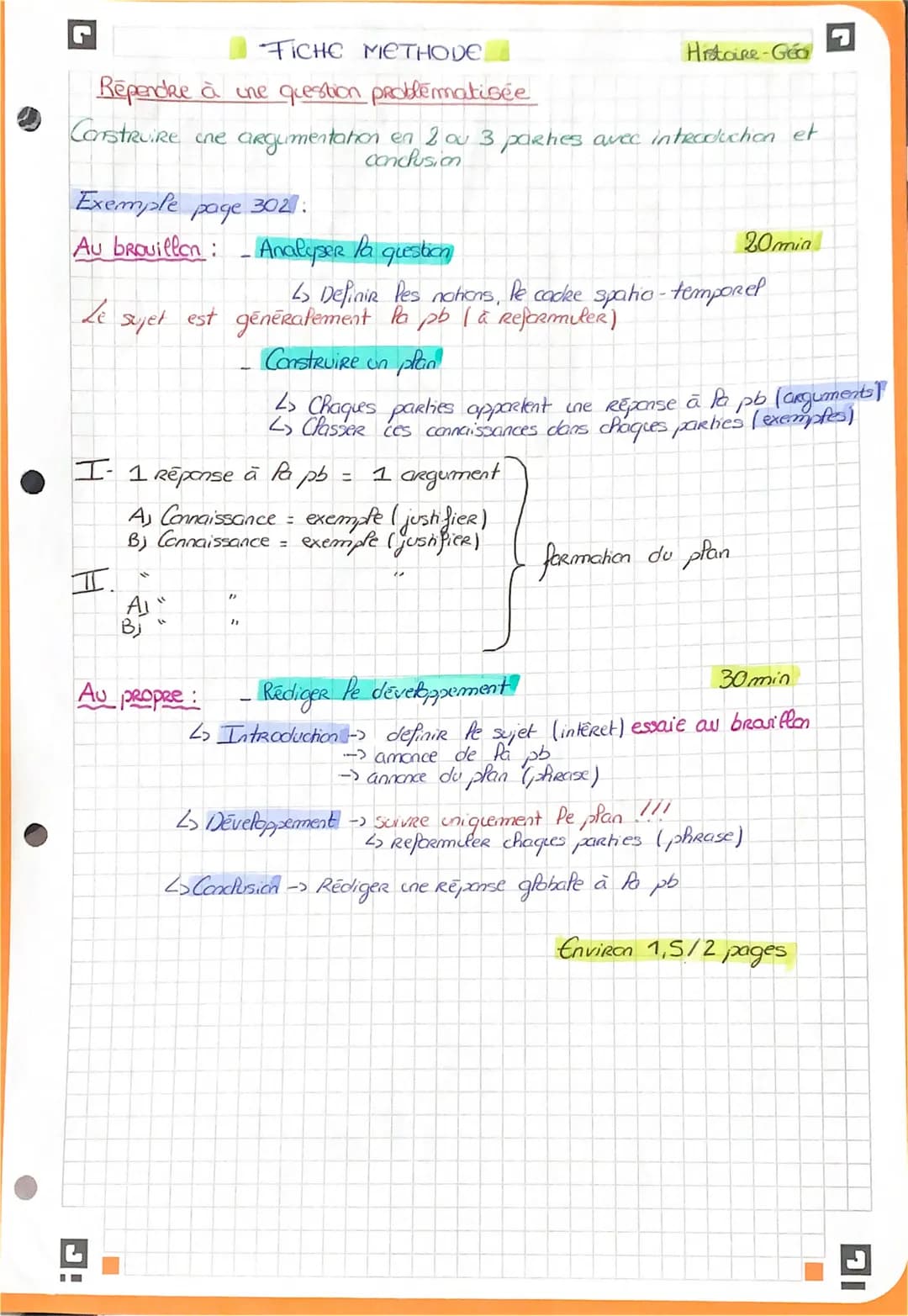 FICHE METHODE
Rependre à une question problematisée
Construire une argumentation en 2 ou 3 parties avec introduction et
conclusion
Exemple p