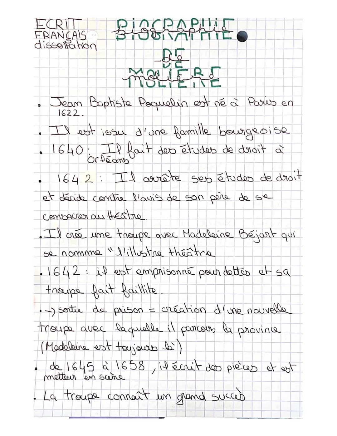 ECRIT
FRANÇAIS
dissertation
BiGGRAPHIT
-55
MOLIERE
• Jean Baptiste Poquelin est né à Paris en
1622.
Il est issu d'une famille bourgeoise
164