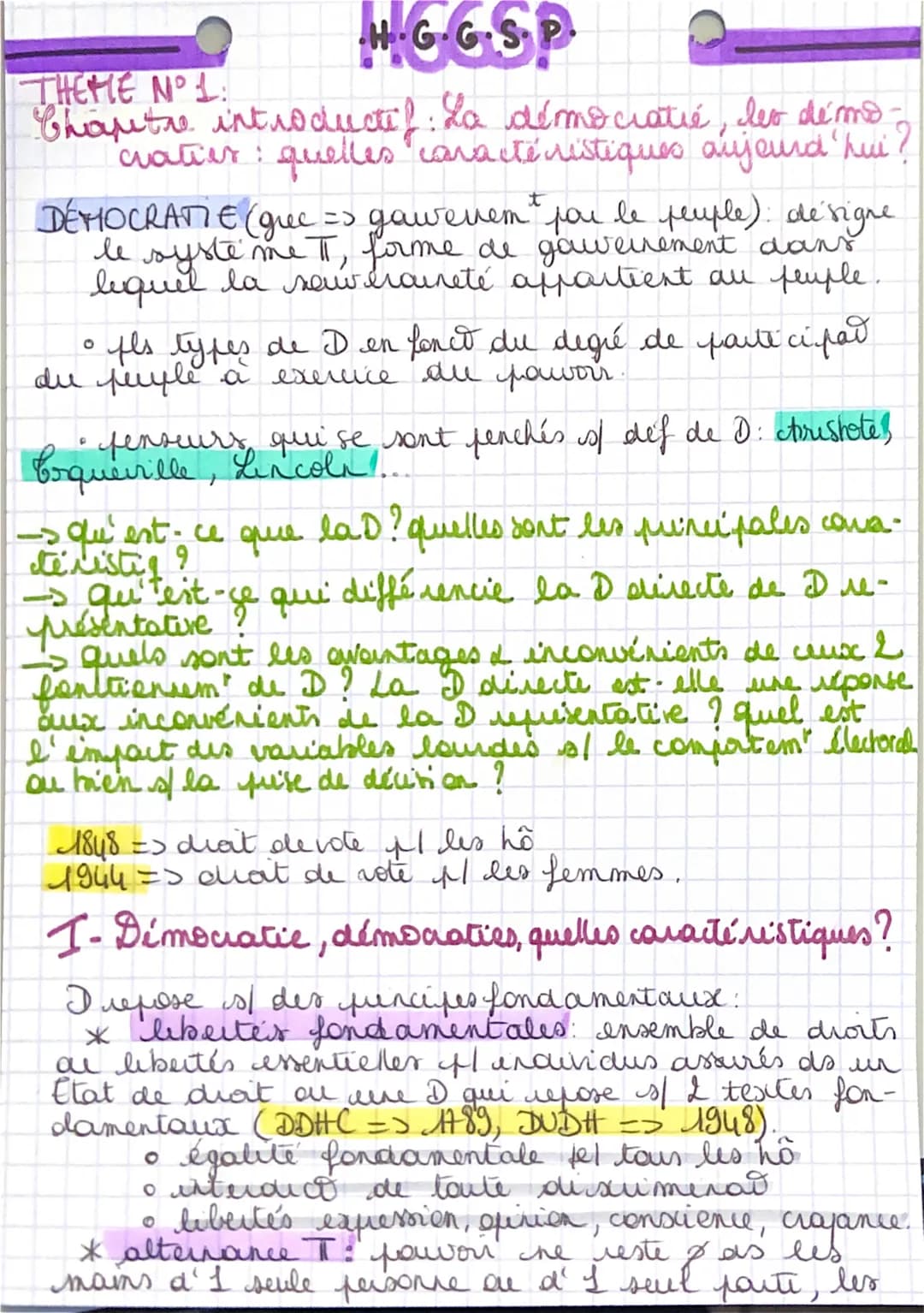 H.-G.G.S.P.
THEME N°1:
Chapitre introductif: La démocratie, les démo
"cratier: quelles caractéristiques aujourd'hui.
t
DEMOCRATI € (gue => g