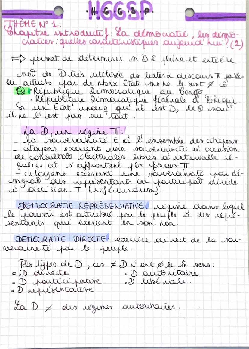 H.-G.G.S.P.
THEME N°1:
Chapitre introductif: La démocratie, les démo
"cratier: quelles caractéristiques aujourd'hui.
t
DEMOCRATI € (gue => g