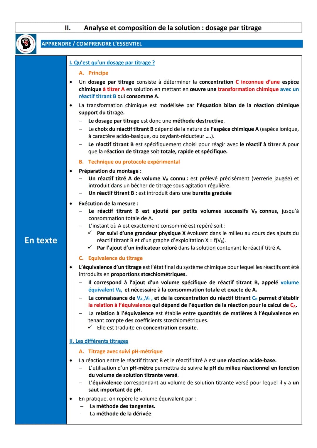 CHIMIE
Terminale
SANTÉ METHODES CHIMIQUES D'ANALYSE D'UN SYSTEME CHIMIQUE
En texte
APPRENDRE / COMPRENDRE L'ESSENTIEL
Schéma /
Application
●