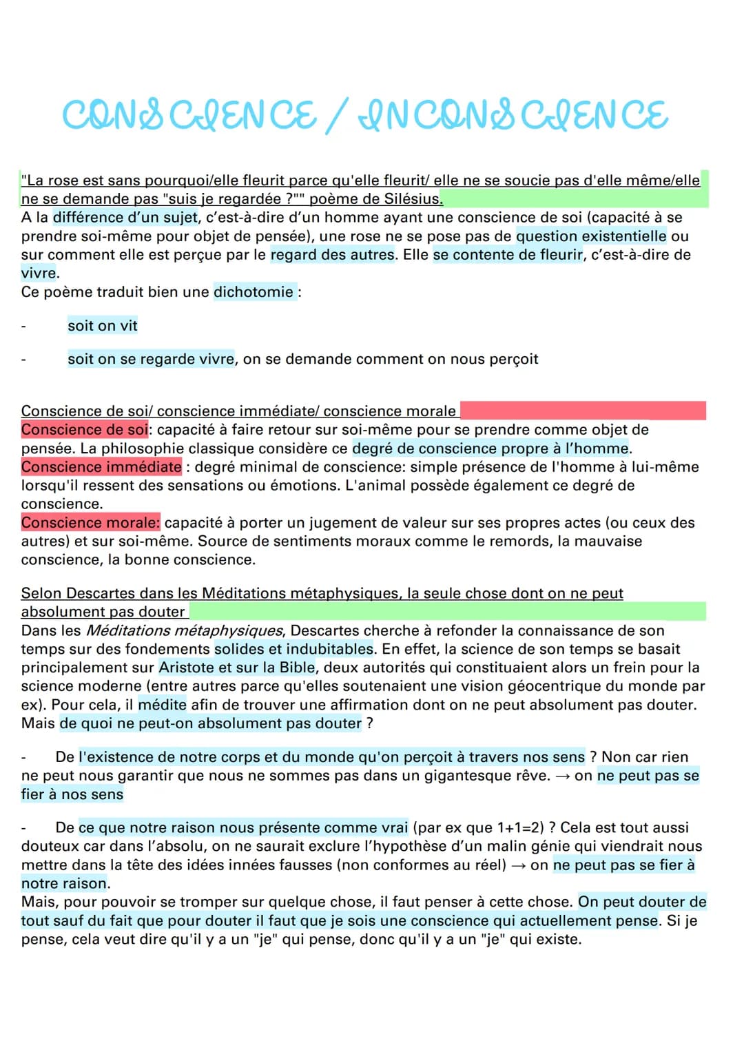 CONSCIENCE / INCONSCIENCE
"La rose est sans pourquoi/elle fleurit parce qu'elle fleurit/ elle ne se soucie pas d'elle même/elle
ne se demand