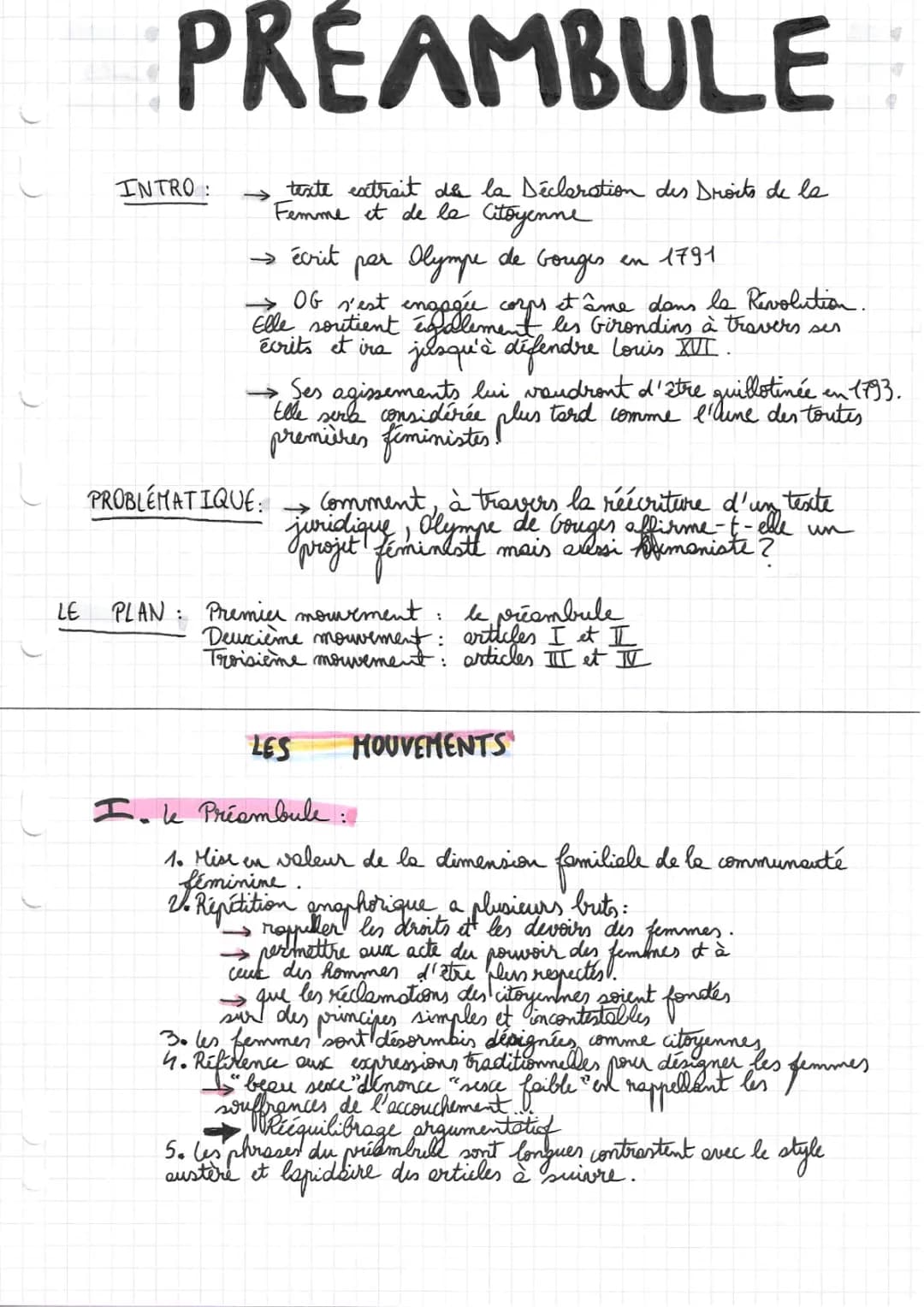 Préambule et Postambule Olympe de Gouges analyse linéaire PDF
