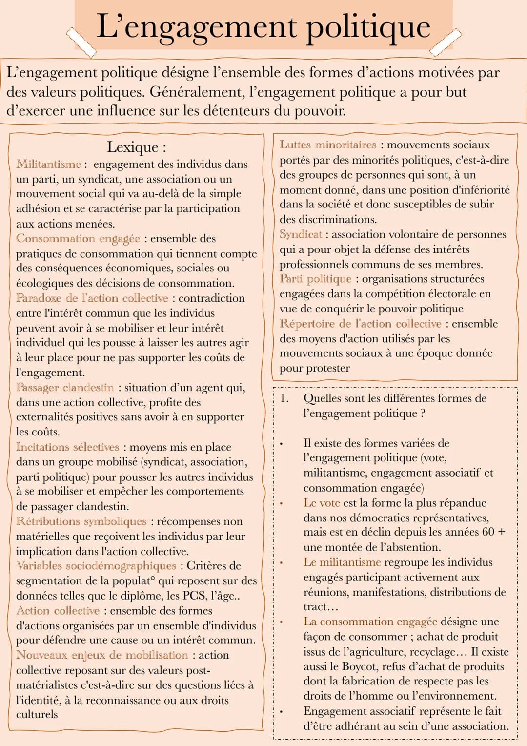 L'engagement politique
L'engagement politique désigne l'ensemble des formes d'actions motivées par
des valeurs politiques. Généralement, l'e