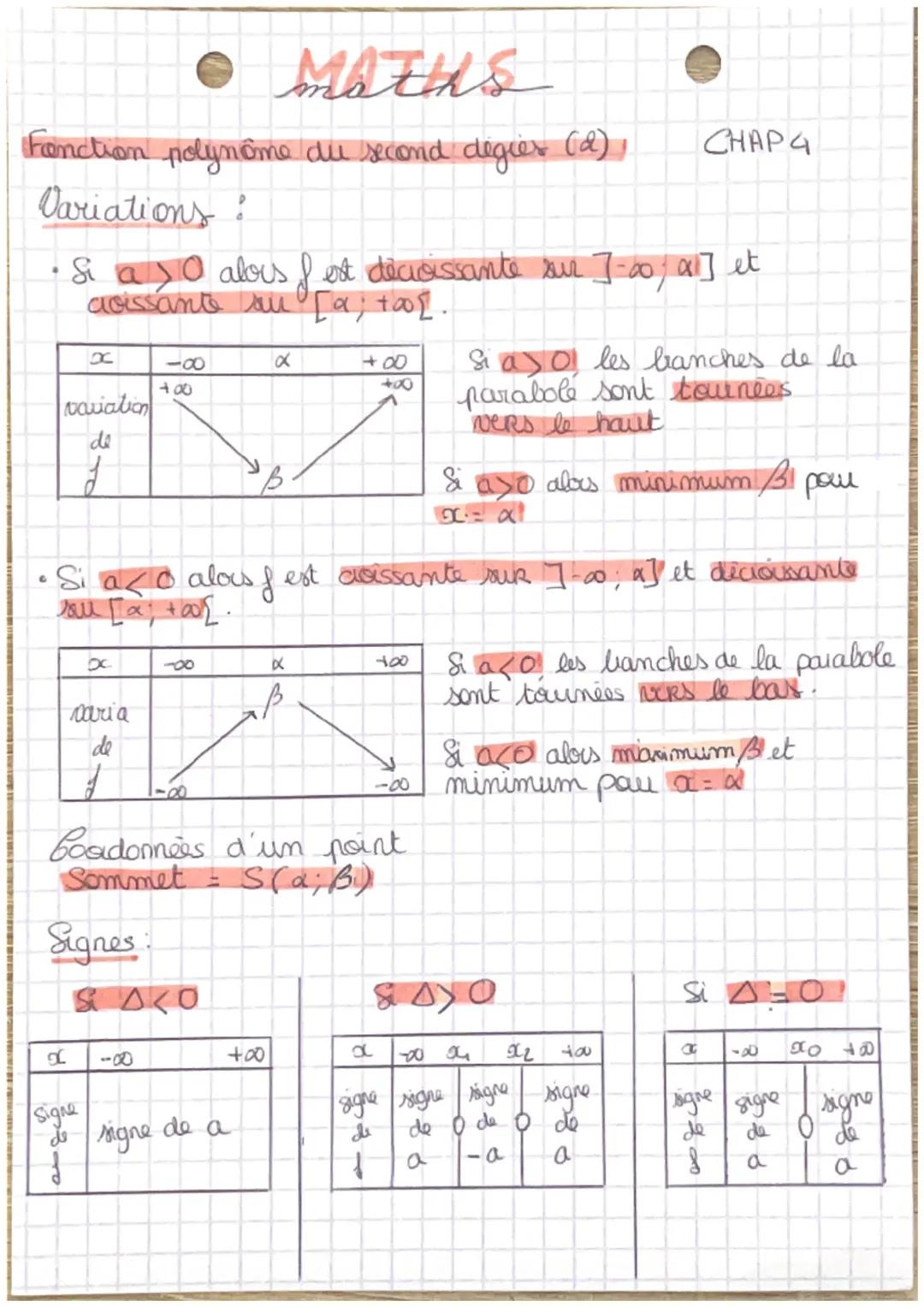 Matus
Fonction polynôme du second degies (d),
Variations:
°
CHAP4
• Si aso alors & est décroissante sur ]-00/α1] et
avissante su [α; tool.
x