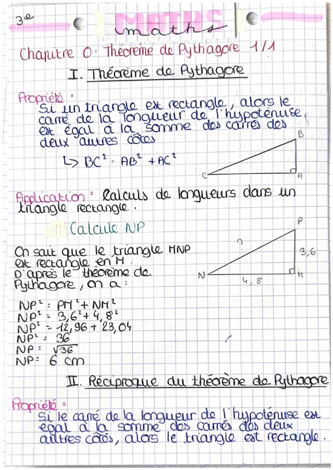 30
imaths
Chapitre O: Thecreme de Pythagore 1/1
I. Thécrème de Pythagore
Propriété
Si un triangle est rectangle, alors le
carme de la Tongue