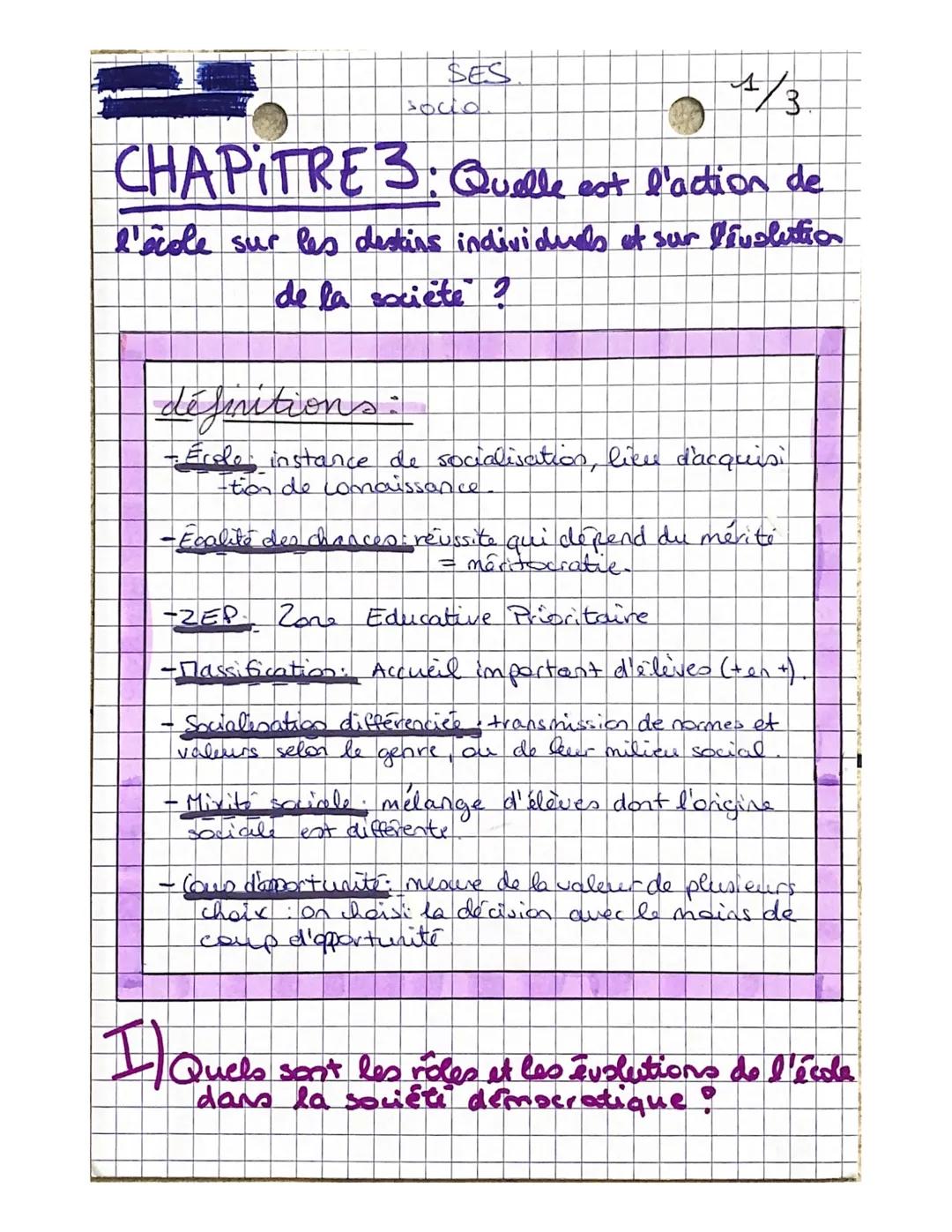 4/3
CHAPITRE 3: Quelle est l'action de
l'école sur les destirs individuels et sur l'évolution
SES
soud
définitions:
- Érele instance de soci