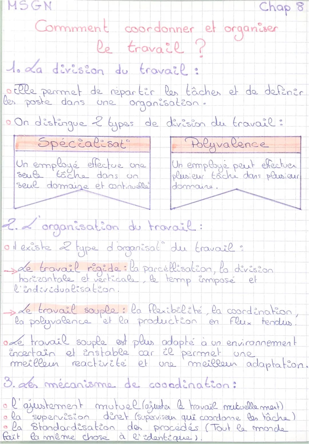 MSGN
Comment
coordonner et organiser
le travail ?
a
to La division du travail :
Chap 8
Elle permet de répartir les tâches et de definir
les 