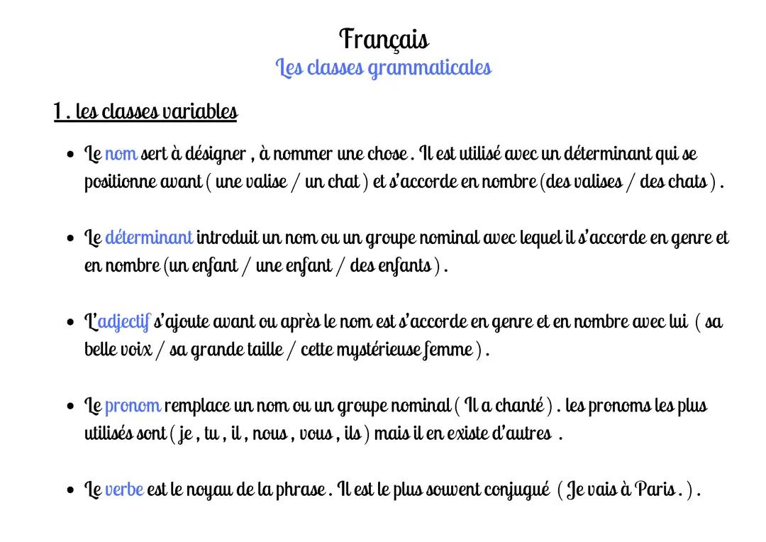 Les classes grammaticales