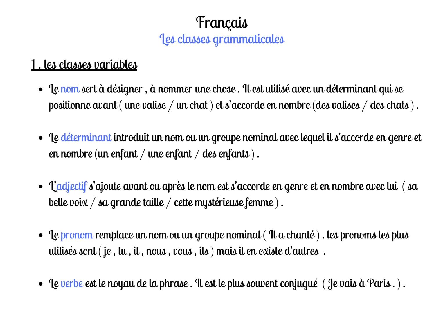 --- OCR Start ---
Français
Les classes grammaticales
1. les classes variables
• Le nom sert à désigner, à nommer une chose. Il est utilisé a