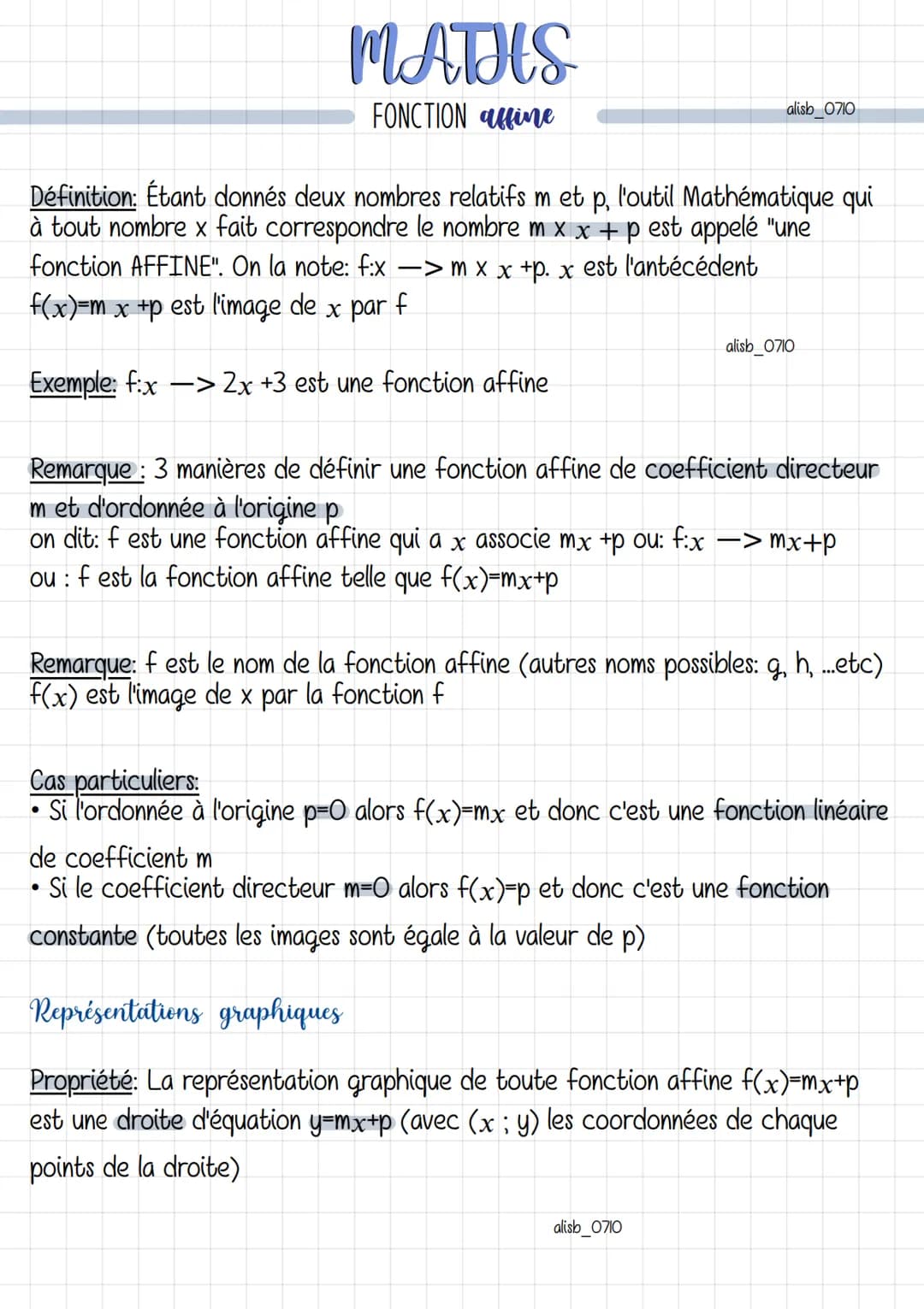 MATHS
FONCTION affine
Définition: Étant donnés deux nombres relatifs m et p, l'outil Mathématique qui
à tout nombre x fait correspondre le n