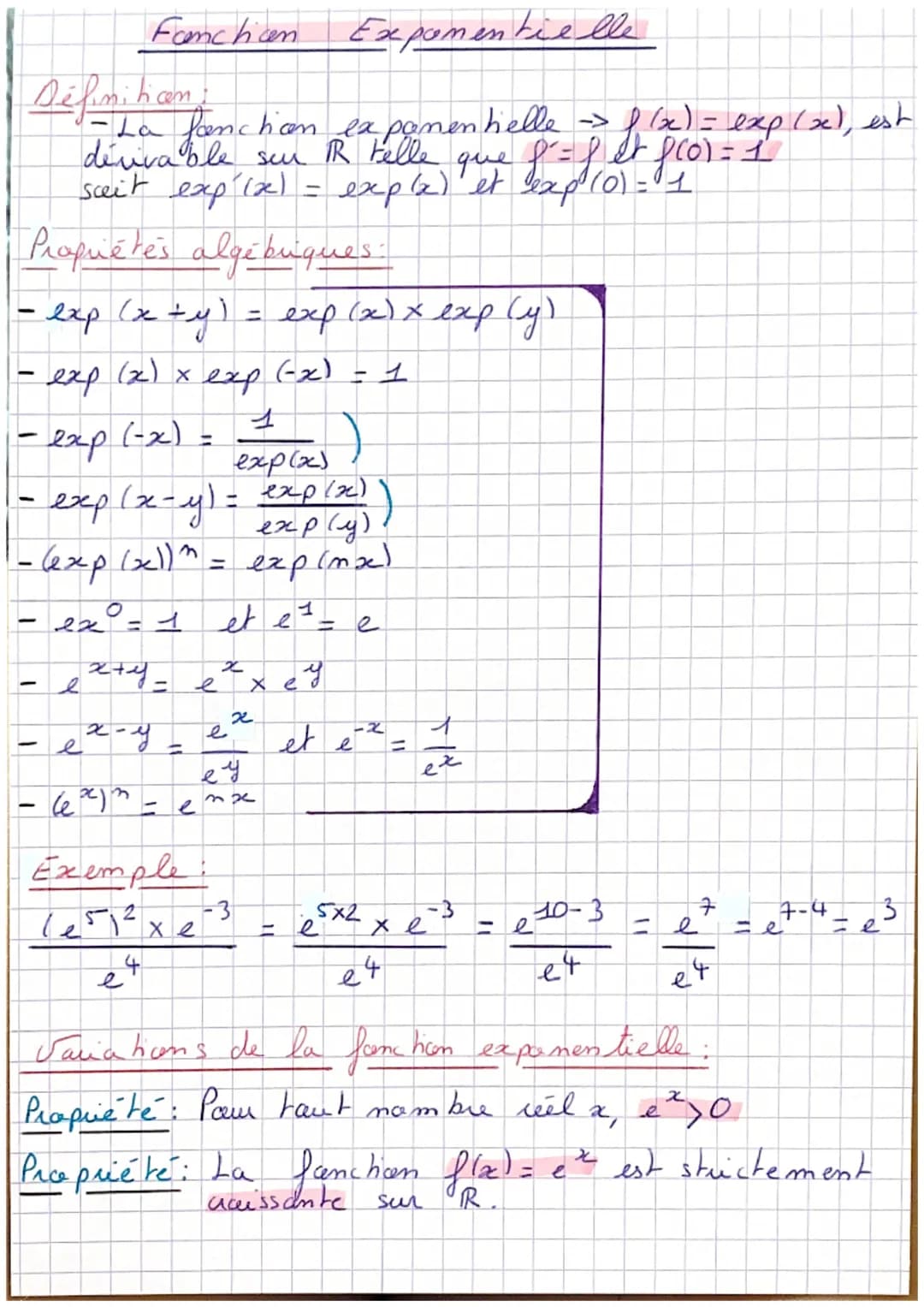 Fonchan Exponentielle
-La fonction exponentielle ->
f (x) = exp (x), est
dévivable sur PR telle que fr= f et fcol = 1
sait exp(x) =
IR
Propr