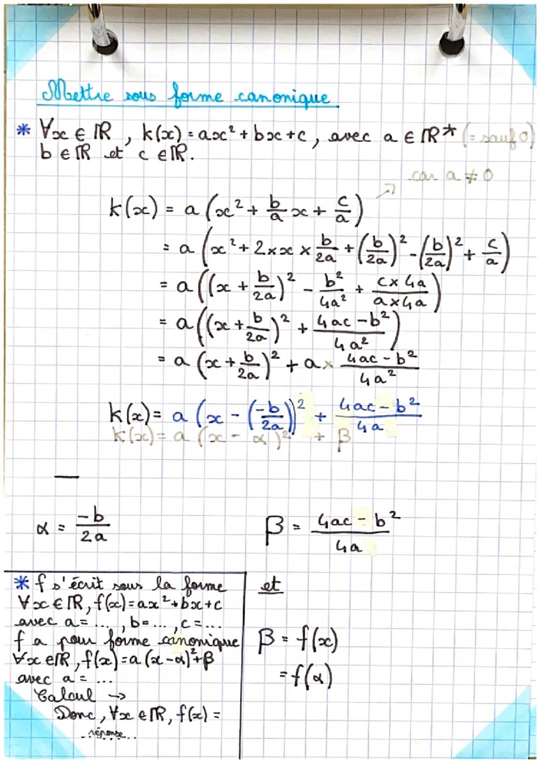 Definition: Une fonction polynôme de degré 2 écrite sous la
forme f(x) = a (x²-x)² + ß, où a, α et ß sont.
des nombres réels avec a ‡0, est 