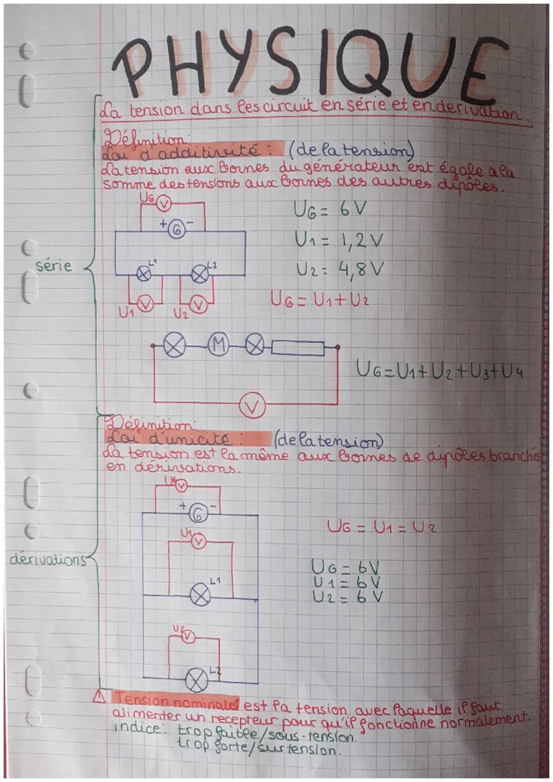 série
e
t
C
derivations
10
PHYSIQUE
a tension dans les circuit en série et enderivation.
Définition
doi d'additivité: (de la tension)
da ten