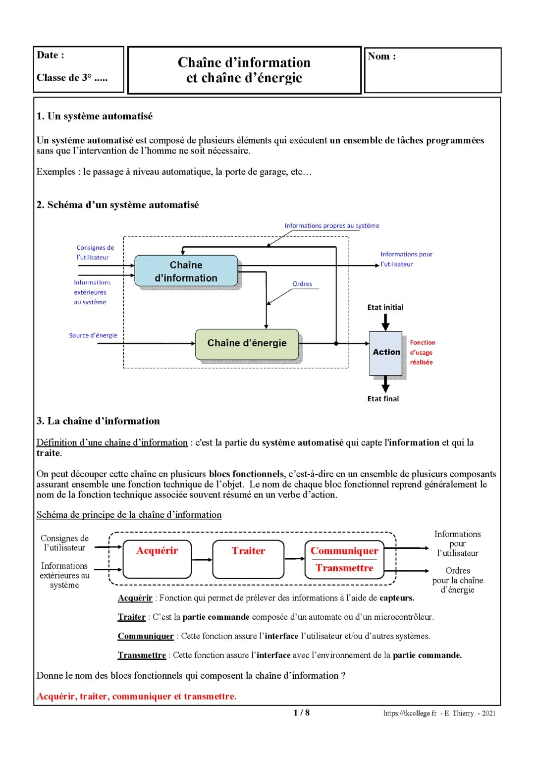 Chaine d'information et chaine d'énergie 